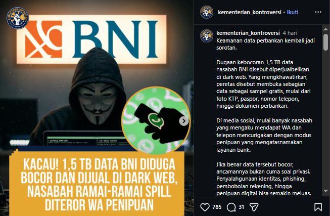 Dugaan Kebocoran Data BNI Tuai Reaksi Netizen, Ada yang Mengaku Diteror