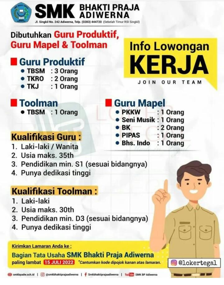 Info loker Tegal terbaru Juli 2022: SMK Bhakti Praja Adiwerna Kab. Tegal