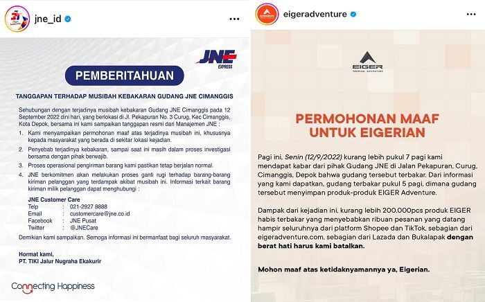 Kebakaran Gudang JNE di Kota Depok, 200 Ribu Barang Habis Terbakar EIGER Rugi 50 Miliar