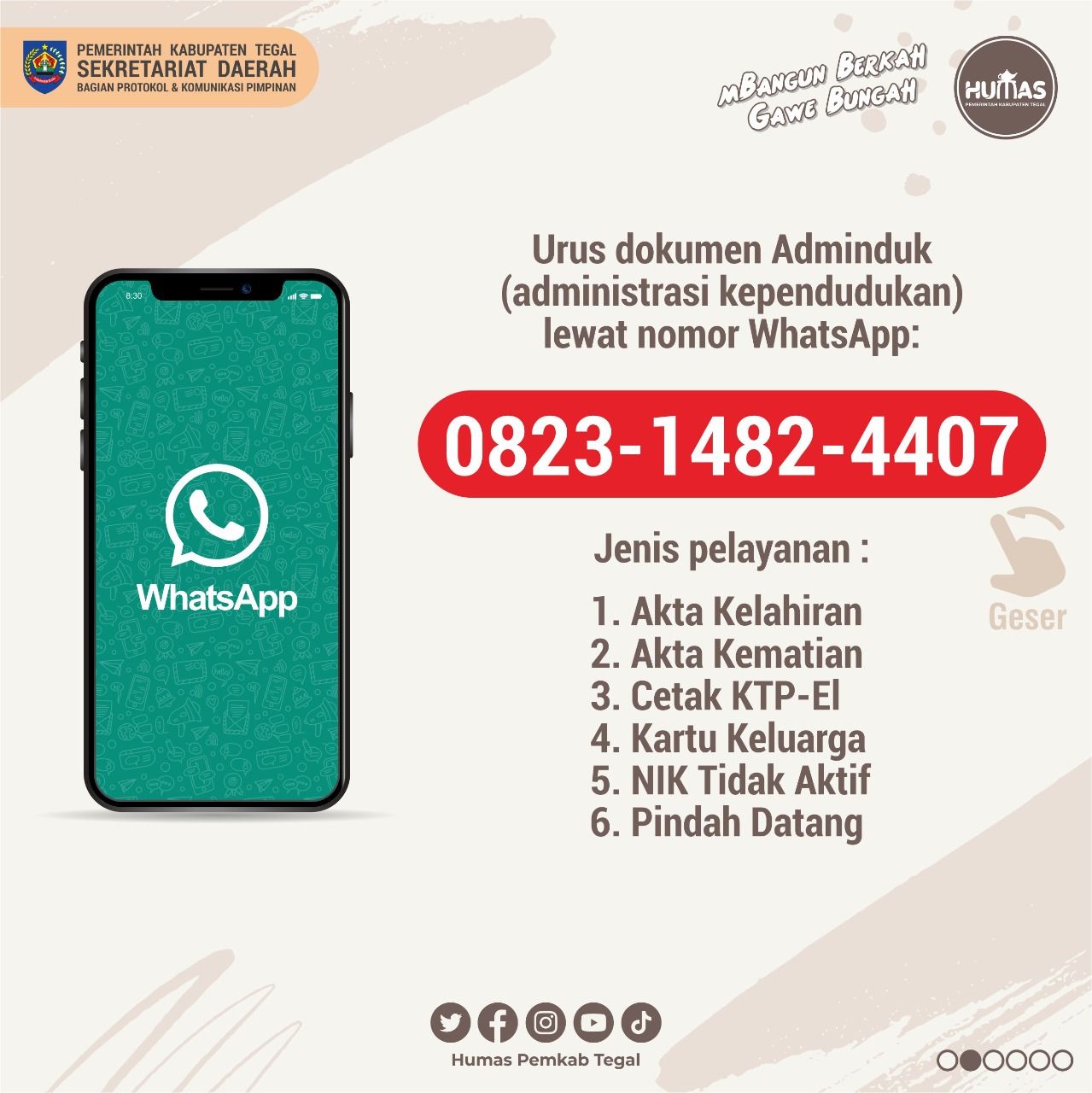 Pelayanan via Whatsap Disdukcapil Kabupaten Tegal