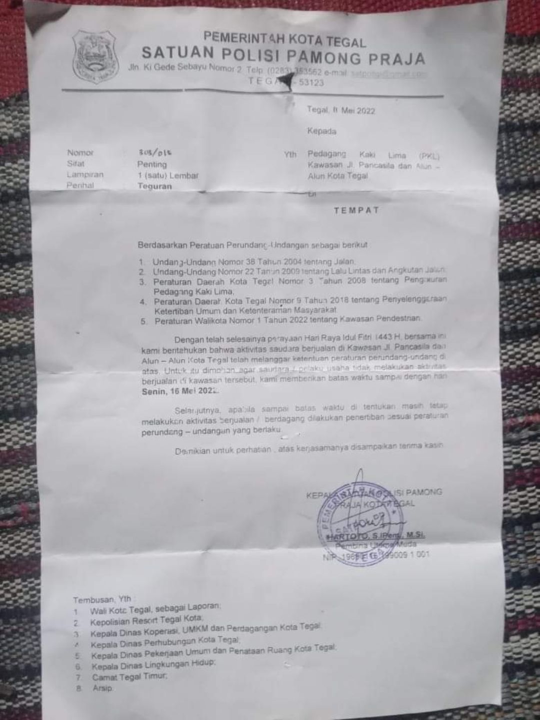 Surat Teguran dari Satpol PP Kota Tegal untuk para PKL